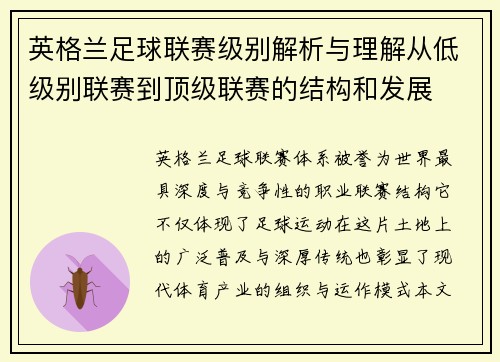 英格兰足球联赛级别解析与理解从低级别联赛到顶级联赛的结构和发展