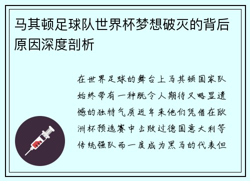 马其顿足球队世界杯梦想破灭的背后原因深度剖析